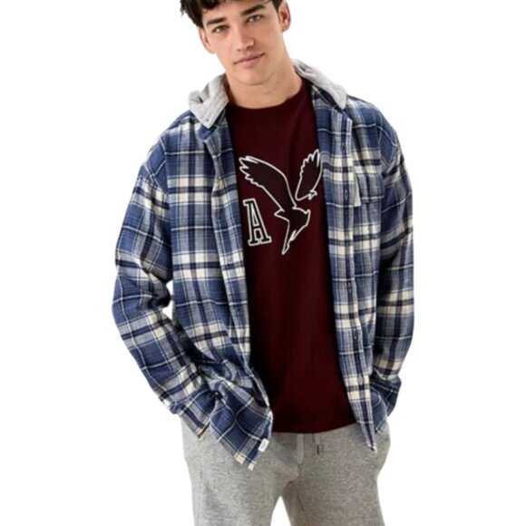 NEW American Eagle Super Soft Hooded Plaid Flannel Button-front Shirt Men's XXL - Picture 1 of 9